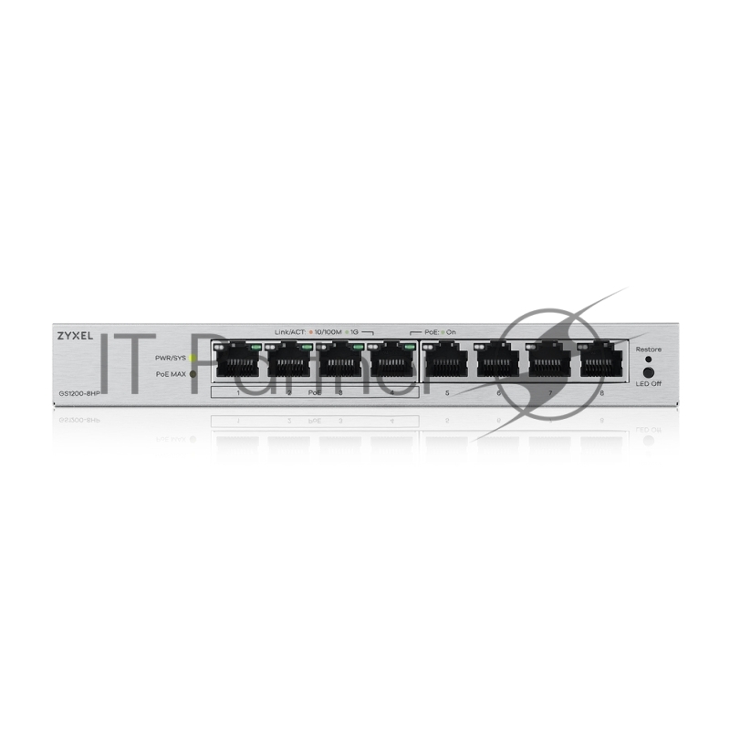 Коммутатор ZYXEL Web-managed Gigabit PoE Switch Zyxel GS1200-8HPv3, 8xRJ-45: 1G (4xPoE+), 68W PoE budget, desktop, fanless