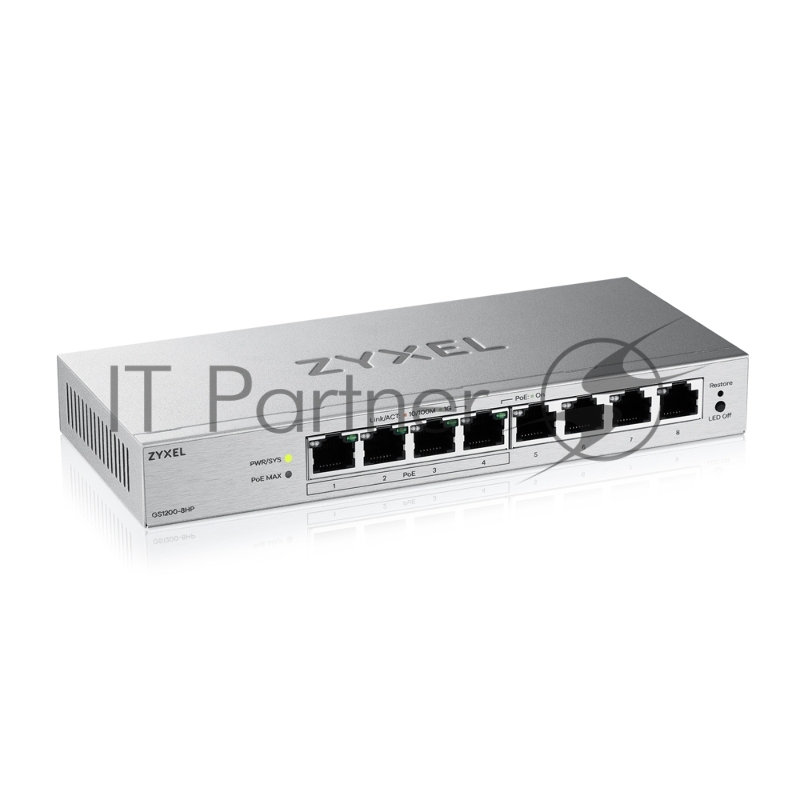 Коммутатор ZYXEL Web-managed Gigabit PoE Switch Zyxel GS1200-8HPv3, 8xRJ-45: 1G (4xPoE+), 68W PoE budget, desktop, fanless