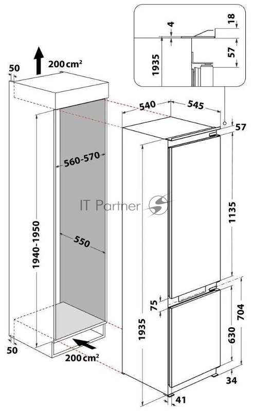 Встраиваемый холодильник Whirlpool WHC20T352 60 см, 193х54.5х54 см, 182/68 л, инверторный компрессор, Full No Frost, автоматическая разморозка, зона свежести, перенавешиваемые дверцы, скользящие направляющие, LED освещение Италия