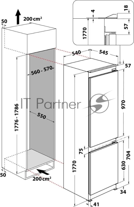Встраиваемый холодильник Whirlpool WHC18T132 60 см, 177х54.5х54 см, 182/68 л, инверторный компрессор, Full No Frost, автоматическая разморозка, зона свежести, перенавешиваемые дверцы, скользящие направляющие, LED освещение Италия