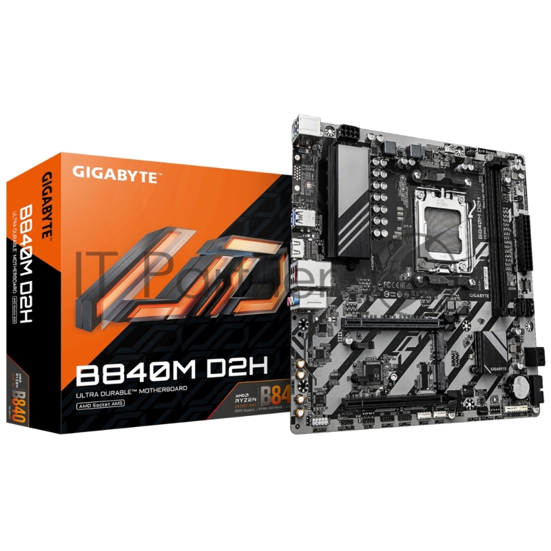 Материнская плата Gigabyte B840M D2H (V1.2), AM5, AMD B840, 2xDDR5, 4xSATA, 2xM.2, 1xPCIe 4.0 x16, 1xPCIe 3.0 x4, 1xHDMI, 1x2.5Gb LAN, 2xUSB-A 5Gbps, 8xUSB-A 2.0, 3x3.5 мм, 7.1, mATX