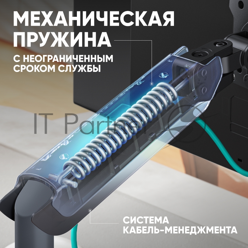 Кронштейн для мониторов ONKRON G95 GRAY 17-45 ГАЗЛИФТ макс 100*100 наклон -90/+60, поворот +-180°, 2 колена, от стены: до 561мм, регулируемая высота 225-528мм, вес до 15кг, графит