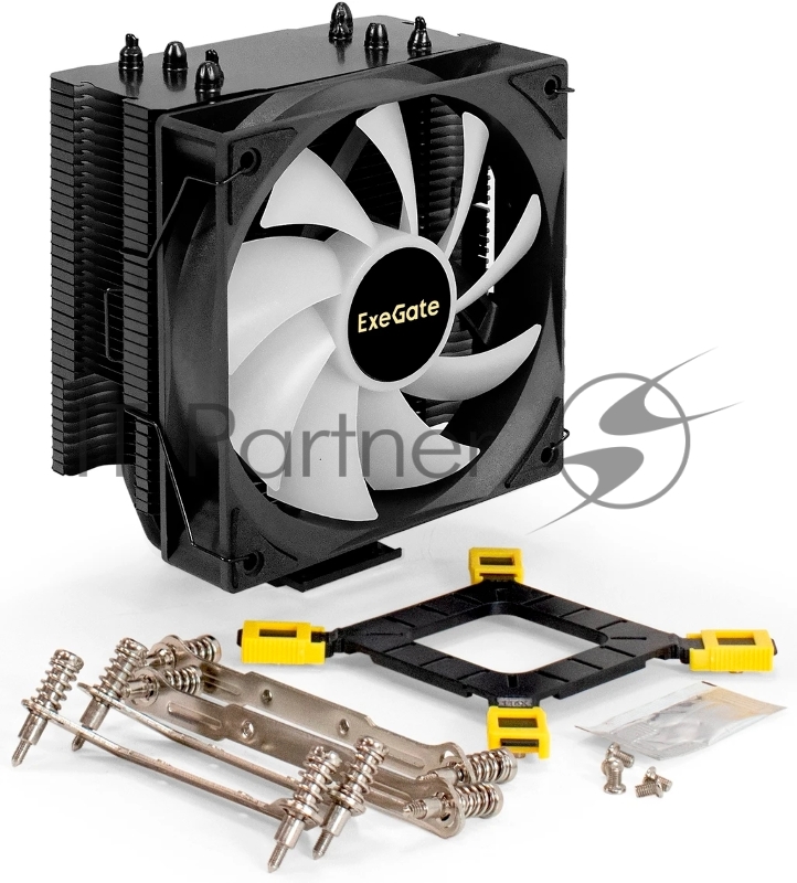Кулер для процессора ExeGate Dark Magic EXX400V3-PWM.RGB (Al+Cu, черное покрытие, 4 тепл.трубки, LGA1150/1151/1155/1156/1200/17 TDP 140W, Fan 120mm, PWM, 800-1800RPM, Hydro bearing, 4pin, 11-24db,