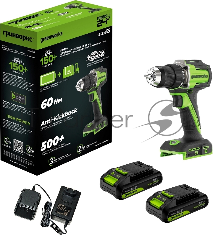 Дрель безударная Greenworks DD560 патрон:быстрозажимной реверс (3708407CUC)
