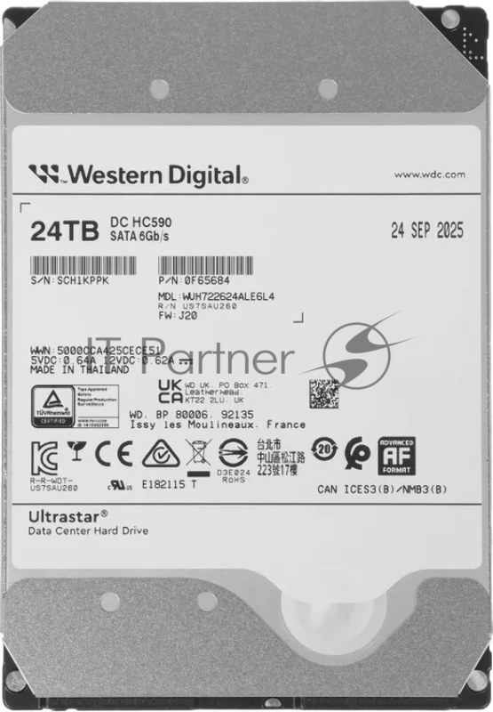 Жесткий диск WD SATA-III 24TB 0F65684 WUH722624ALE6L4 Ultrastar DC HC590 4KN (7200rpm) 512Mb 3.5