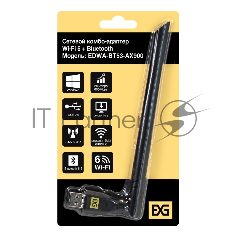 Сетевой комбо-адаптер Wi-Fi 6 + Bluetooth ExeGate EDWA-BT53-AX900 (BT5.3, Dual Band Wi-Fi AX (a/b/g/n/ax), чипсет Realtek8851, 2.4 ГГц до 286 Мбит/с + 5.8 ГГц до 600 Мбит/с, 1x5dBi внешняя антенна, USB 2.0)