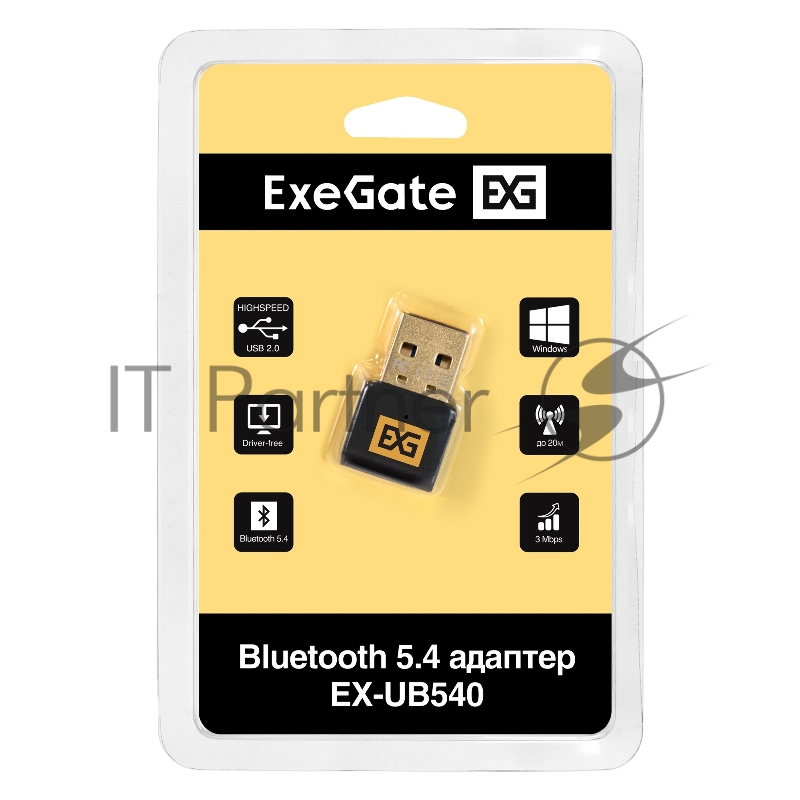 Bluetooth адаптер ExeGate EX-UB540 (BT 5.4, USB HighSpeed 2.0, до 20м, до 7 устройств, Dual-mode Bluetooth, повышенная скорость передачи данных (EDR), сверхнизкое электропотребление (BLE), LE Audio, LC3 codec, поддержка A2DP/SBC/AAC/HSP/AVRCP/HID, Pl