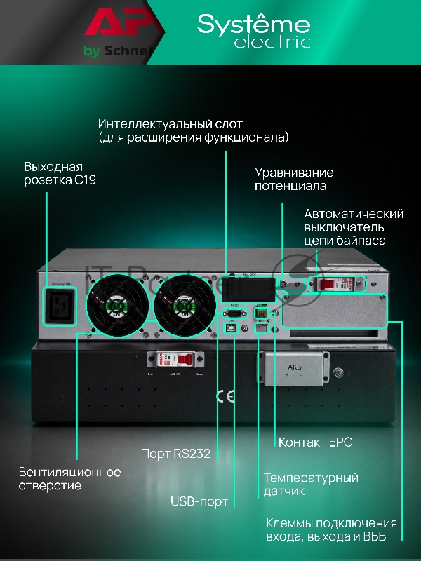 Источник бесперебойного питания Systeme Electric Smart-Save Online SRV 6000 ВA, 6000 Вт, 230 В, 1:1, 2U+2U, конвертируемый форм-фактор, 16 шт. АКБ, 12В 9Ач, клеммы, размеры 440x600x174 мм