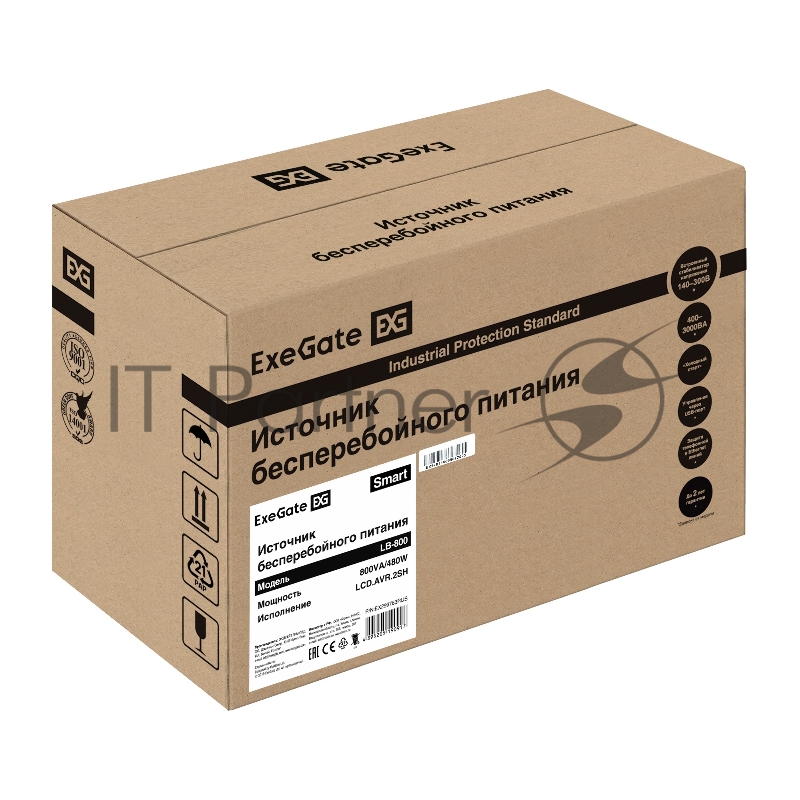 ИБП ExeGate Smart LB-800.LCD.AVR.2SH (800VA/480W, LCD, AVR, 2*Schuko, батарея 12V 9Ah, Black)