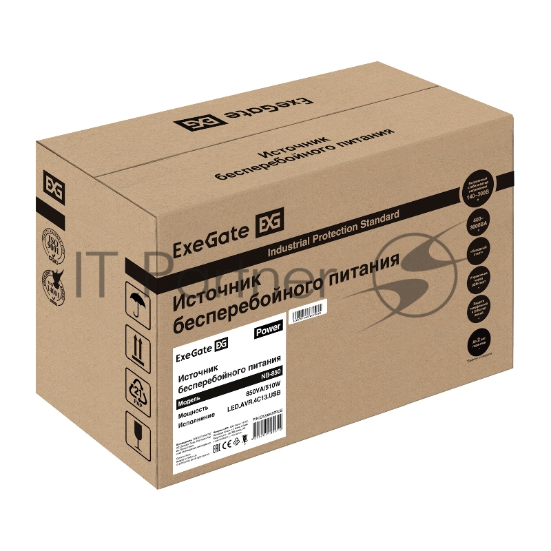 Источник бесперебойного питания ExeGate Power NB-850.LED.AVR.4C13.USB (850VA/510W, LED, AVR, 4*C13, USB, батарея 12V 9Ah, Black)