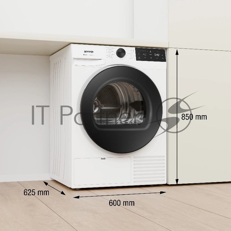 Сушильная машина Gorenje DG48D, отдельностоящая, ВхШхГ 850х600х625 мм, загрузка 8 кг, 15 программ, конденсационная сушка с тепловым насосом, поворотное/сенсорное управление, цифровой дисплей, Wi-Fi, датчик влажности белья, функция TwinAir, половинная