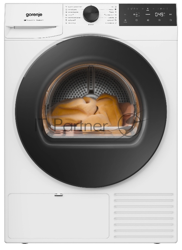 Сушильная машина Gorenje DG48D, отдельностоящая, ВхШхГ 850х600х625 мм, загрузка 8 кг, 15 программ, конденсационная сушка с тепловым насосом, поворотное/сенсорное управление, цифровой дисплей, Wi-Fi, датчик влажности белья, функция TwinAir, половинная