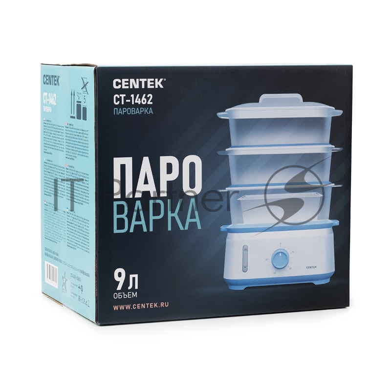Пароварка электрическая Centek CT-1462 9л 1050Вт, таймер 60 мин, 3 контейнера, чаша для риса, резервуар 1,5л.
