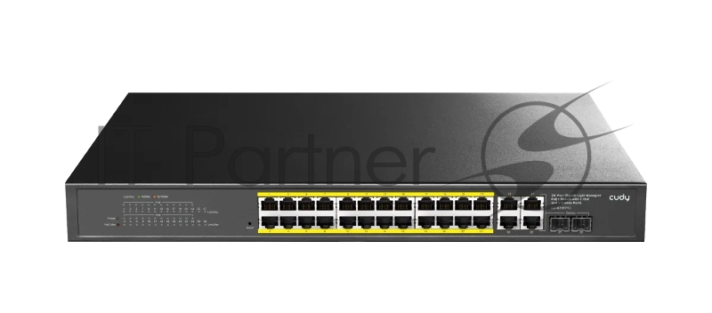 Коммутатор 24-Port 10/100/1000M PoE+ Switch 300W, 24-Port 10/100/1000M PoE+ ports(802.3at/af)+ 2 Uplink Gigabit ports + 2 Gigabit SFP/ETH Combo ports, Local Management via Web GUI, support STP/RSTP, 802.1ab LLDP, Loop Detection, QoS, VLAN, SNMP, IGMP