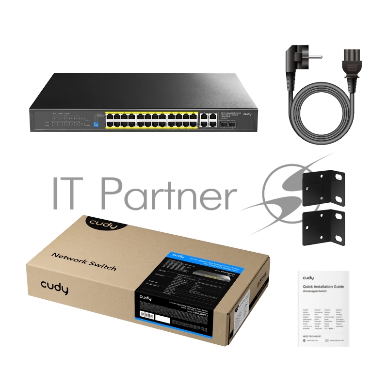 Коммутатор 24-Port 10/100/1000M PoE+ Switch 300W, 24-Port 10/100/1000M PoE+ ports(802.3at/af)+ 2 Uplink Gigabit ports + 2 Gigabit SFP/ETH Combo ports, Local Management via Web GUI, support STP/RSTP, 802.1ab LLDP, Loop Detection, QoS, VLAN, SNMP, IGMP