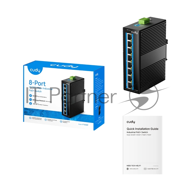 Промышленный коммутатор 8-Port 10/100M Aluminum Industrial PoE+ Switch, 8 10/100M Ports, 802.3at/af, Din-rail design, Power supply: DC 9.6~57V work temperature:-40°C-75°C, Power Adapter Not Included