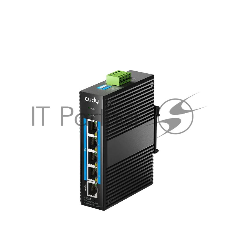 Промышленный коммутатор 5-Port 10/100M Aluminum Industrial PoE+ Switch, 4 10/100M Ports, 1 10/100M Uplink Ports, 802.3at/af, Din-rail design, Power supply: DC 9.6~57V, work temperature:-40°C-75°C, Power Adapter Not Included