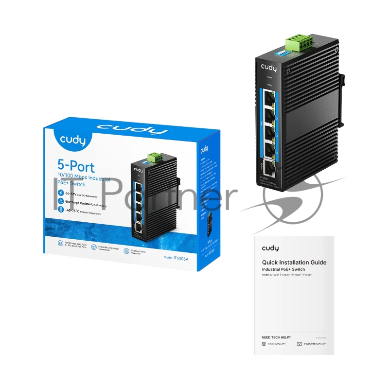 Промышленный коммутатор 5-Port 10/100M Aluminum Industrial PoE+ Switch, 4 10/100M Ports, 1 10/100M Uplink Ports, 802.3at/af, Din-rail design, Power supply: DC 9.6~57V, work temperature:-40°C-75°C, Power Adapter Not Included