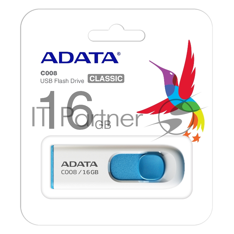 Флешка USB ADATA C008 (AC008-16G-RWE), 16Gb, USB 2.0, R/W 15/5, белый/синий
