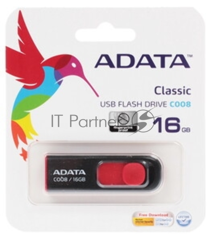 Флешка USB ADATA Classic C008 (AC008-16G-RKD), 16Gb, USB 2.0, R/W 30/6, черный/красный