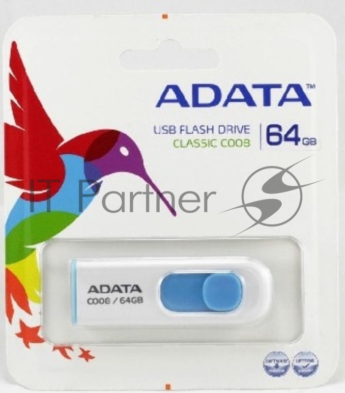 Флешка USB ADATA С008 (AC008-64G-RWE), 64Gb, USB 2.0, R/W 15/5, белый/синий
