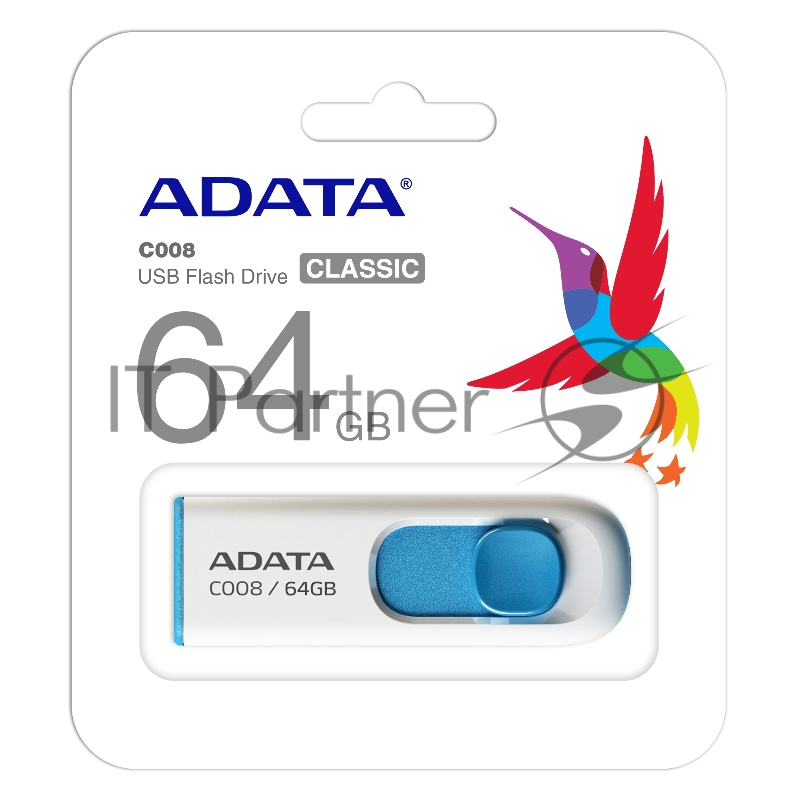 Флешка USB ADATA С008 (AC008-64G-RWE), 64Gb, USB 2.0, R/W 15/5, белый/синий