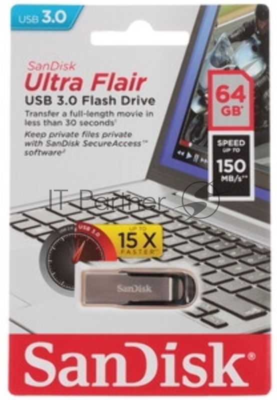Флешка USB Sandisk 64Gb Cruzer Ultra Flair SDCZ73-064G-G46 USB 3.0 серебристый/черный