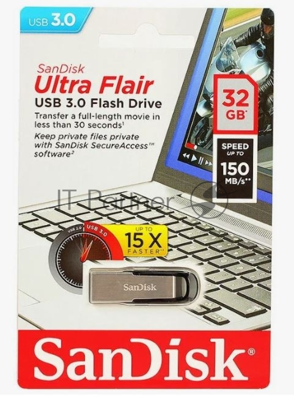 Флешка USB Sandisk CZ73 Cruzer Ultra Flair (SDCZ73-032G-G46), 32Gb, USB 3.0, R/W 150/45, серебристый/черный