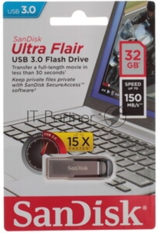 Флешка USB Sandisk CZ73 Cruzer Ultra Flair (SDCZ73-032G-G46), 32Gb, USB 3.0, R/W 150/45, серебристый/черный
