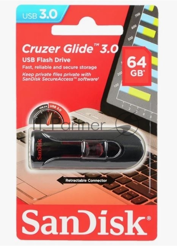 Флешка USB Sandisk CZ600 Cruzer Glide (SDCZ600-064G-G35), 64Gb, USB 3.0, R/W 10/20, черный