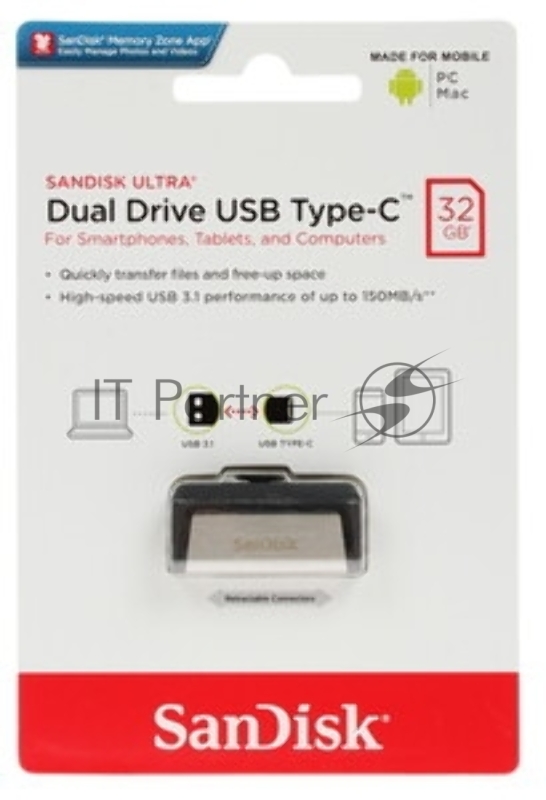 Флешка USB Sandisk DDC2 Ultra Dual (SDDDC2-032G-G46), 32Gb, USB 3.0/USB 3.1 Type C, R/W 150/30, серый/черный