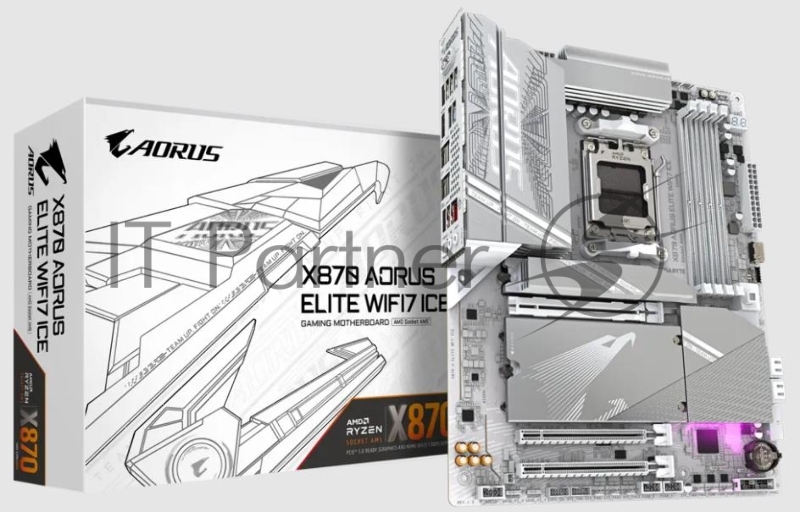 Материнская плата Gigabyte X870 A ELITE WIFI7 ICE, AM5, AMD X870, 4xDDR5, 4xSATA, 4xM.2, 1xPCI-E 5.0 x16, 1xPCI-E 4.0 x4, 1xPCI-E 3.0 x2, 1xHDMI, 1x 2.5Gb LAN, 2xUSB-C 4.0, 2xUSB 3.2 Gen 2, 4xUSB 3.2 Gen 1, 4xUSB 2.0, 2x3.5 мм, 7.1, ATX