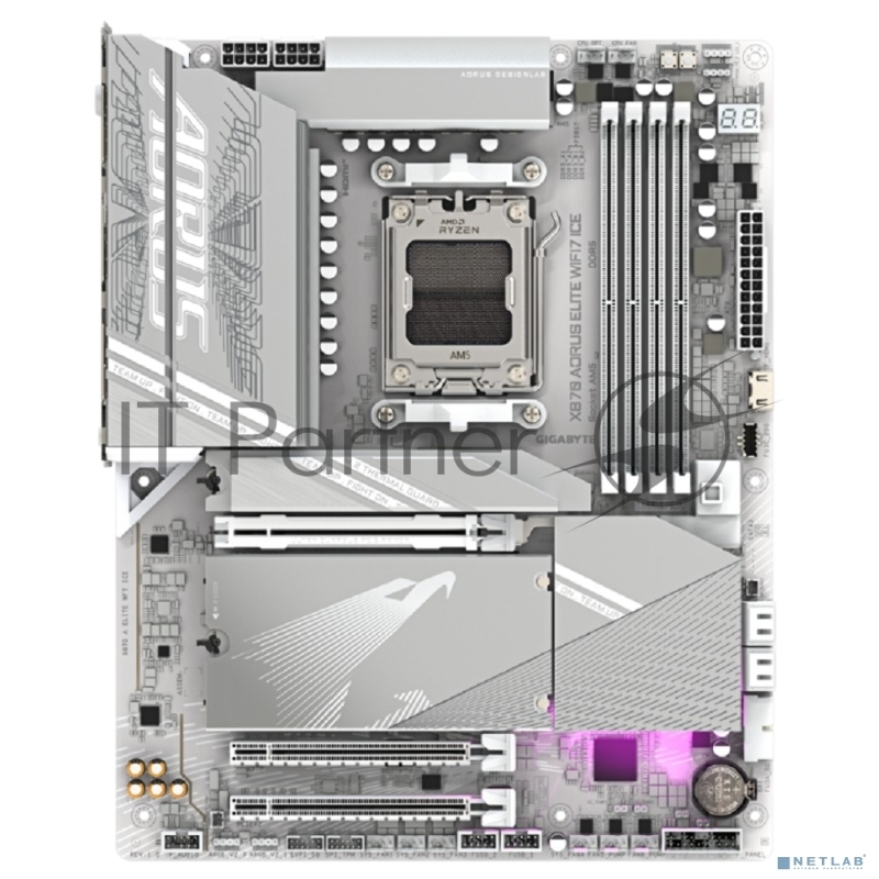 Материнская плата Gigabyte X870 A ELITE WIFI7 ICE, AM5, AMD X870, 4xDDR5, 4xSATA, 4xM.2, 1xPCI-E 5.0 x16, 1xPCI-E 4.0 x4, 1xPCI-E 3.0 x2, 1xHDMI, 1x 2.5Gb LAN, 2xUSB-C 4.0, 2xUSB 3.2 Gen 2, 4xUSB 3.2 Gen 1, 4xUSB 2.0, 2x3.5 мм, 7.1, ATX