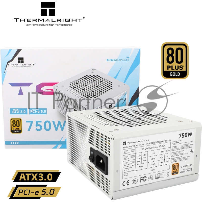 Блок питания ПК Thermalright, 750W 80+ Gold (ATX, 3.0, PCIe 5.0, Non-modular, 1x24(20+4)pin, 1xCPU 8(4+4)pin, 2xPCIe*2 8(6+2)pin, 5xSATA3, 1x12+4pin (12VHPWR PCIe 5.0 12+4pin 600mm), 3xMOLEX4pin, Active, 120x120mm, 150x140x86mm, APFC, white)