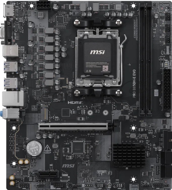 Материнская плата MSI PRO B850M-E EVO B850, AM5, 2*DDR5, 1*PCIEx16, 1*PCIEx1, 1*M.2, 6*USB3.2Gen1, 6*USB2.0, 4*SATA3.0, 2.5G, VGA, HDMI, M-ATX, RTL