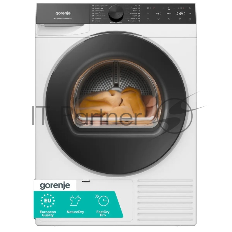 Сушильная машина Gorenje DG69D, отдельностоящая, ВхШхГ 850х600х625 мм, загрузка 9 кг, 15 программ, конденсационная сушка с тепловым насосом, поворотное/сенсорное управление, цифровой дисплей, датчик влажности белья, функция TwinAir, половинная загруз
