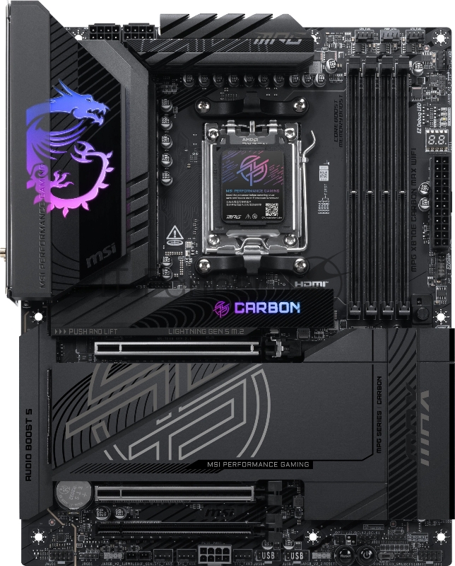 Материнская плата MSI MPG X870E CARBON MAX WIFI Socket AM5 AMD X870E 4xDDR5 ATX AC`97 8ch(7.1) 5Gigabit + 2.5Gigabit Ethernet RAID+HDMI