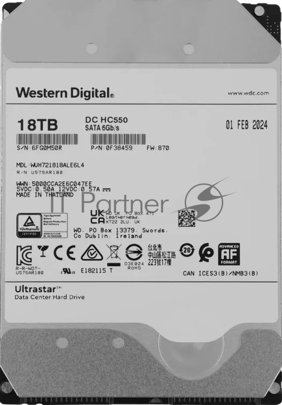 Жесткий диск серверный 3.5 18TB WD Ultrastar DC HC550 (WUH721818ALE6L4) SATA 6Gb/s, 7200rpm, 512MB, 0F38467, 512e
