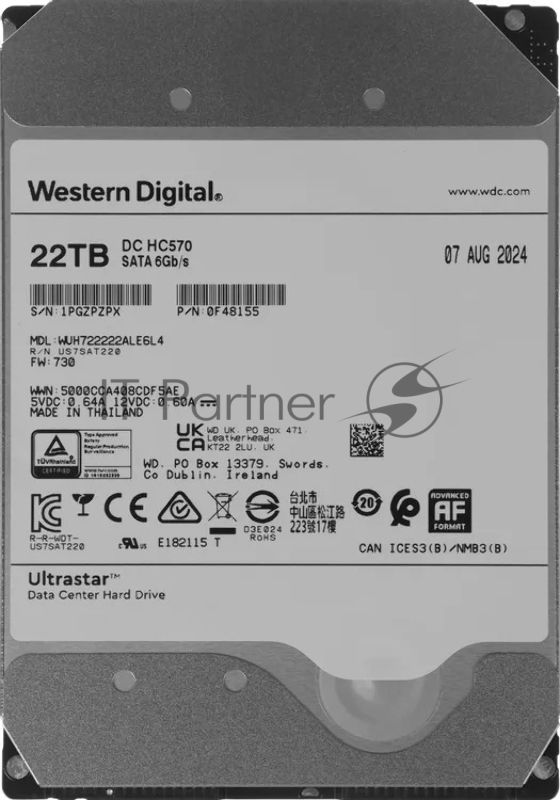 Жесткий диск Western Digital HDD Server Ultrastar DC HC570 WUH722222ALE6L4 22TB 7200rpm SATA-III 512Mb 3.5