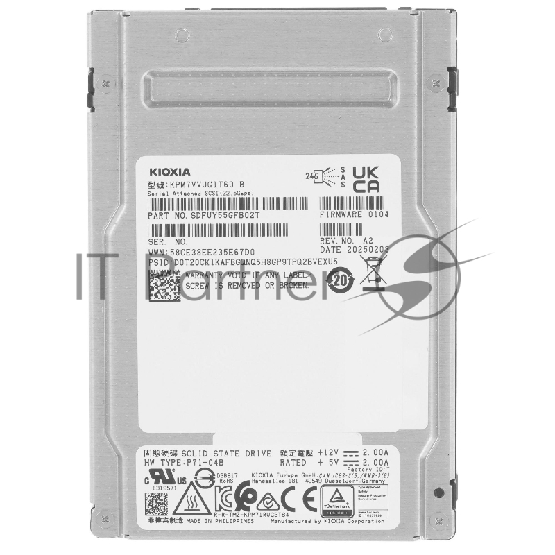 Накопитель SSD KIOXIA SSD PM7-V, 1600Gb, 2.5 15мм, SAS 24G, TLC, R/W 4200/3400 MB/s, IOPs 720K/320K, TbW 8760, DWPD 3 (12 мес.)
