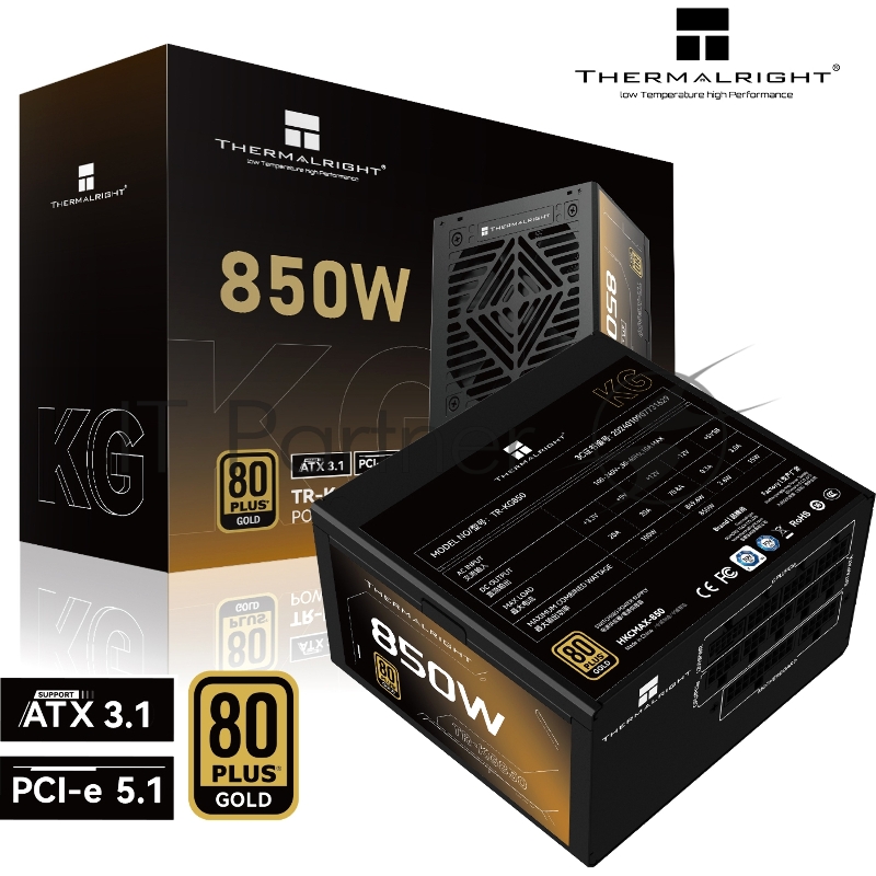 Блок питания 850W Power Supply Thermalright, 850W 80+ Gold (ATX, 3.1, PCIe 5.1, Full modular, 1x24(20+4)pin, 2xCPU 8(4+4)pin, 2xPCIe*2 8(6+2)pin, 1x12V-2x6, 8xSATA3, 3xMOLEX4pin, Active, 120x120mm, 150x140x86mm, APFC, OVP, UVP, SCP, OCP, OTP, OPP, bl