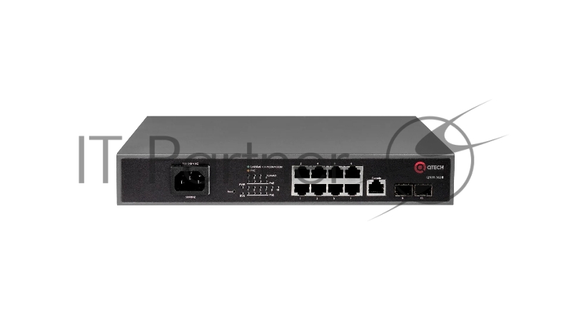 Управляемый коммутатор Qtech уровня L2+ с поддержкой PoE 802.3af/at, 8 портов 10/100/1000BASE-T, 2 порта 1000BASE-X SFP, встроенный БП, 100-240В AC
