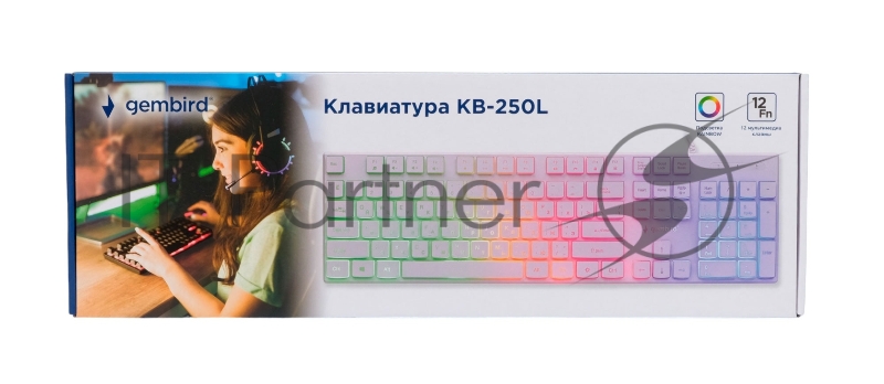 Проводная игровая клавиатура Gembird KB-250L-W, полноразмерная, 104кл, 12Fn, Rainbow, низкий профиль, 1.5м, белая