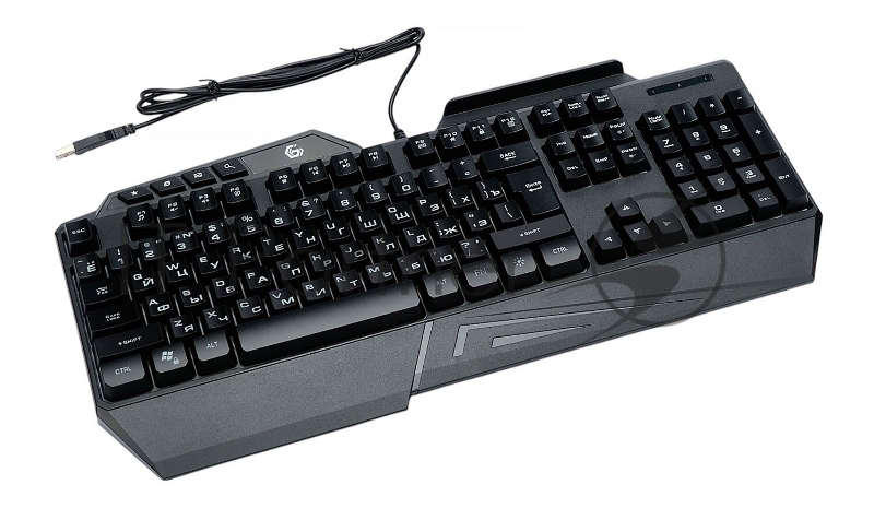 Проводная игровая клавиатура Gembird KB-G450L, полноразмерная, 104кл+4доп, 12Fn, подсветка 3 цвета, подставка для тел, 1.5м, черная