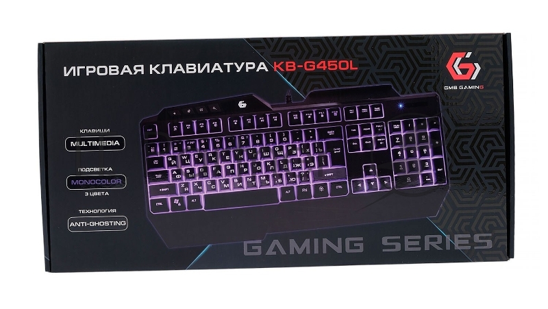 Проводная игровая клавиатура Gembird KB-G450L, полноразмерная, 104кл+4доп, 12Fn, подсветка 3 цвета, подставка для тел, 1.5м, черная