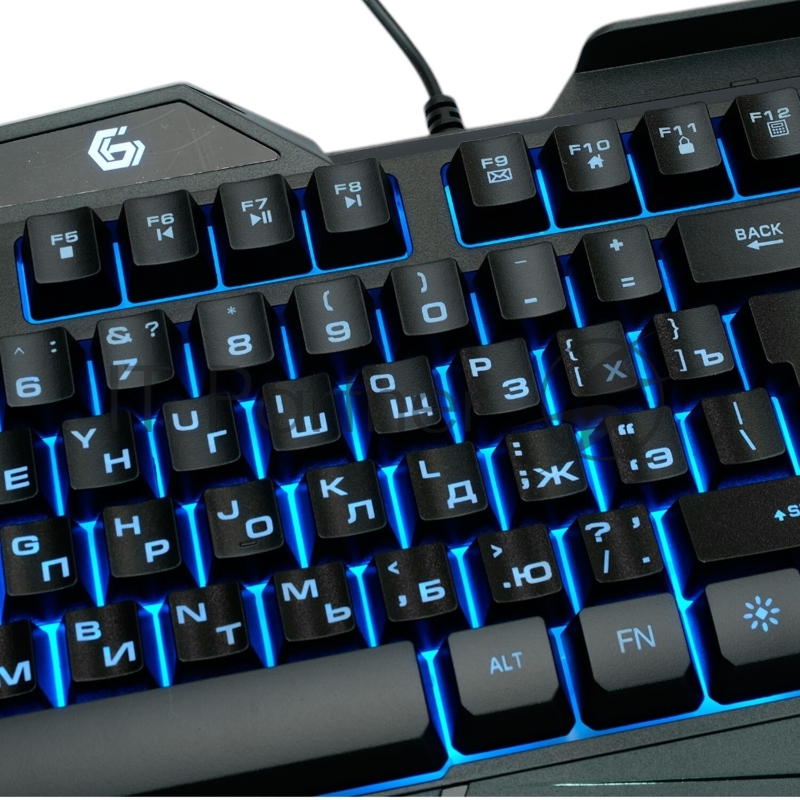 Проводная игровая клавиатура Gembird KB-G450L, полноразмерная, 104кл+4доп, 12Fn, подсветка 3 цвета, подставка для тел, 1.5м, черная