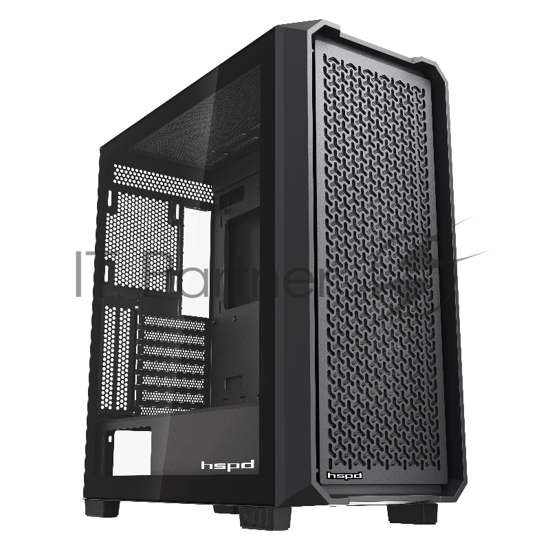 Корпус HSPD F750, Mesh Mid Tower, Black, TG, 0.6 SPCC, no fans, ATX, mATX, mITX 160/405/160mm 3x2.5, 2x3.5, 7xPCI 1xUSB-A 3.0, 2xUSB-A 2.0 450x210x482mm