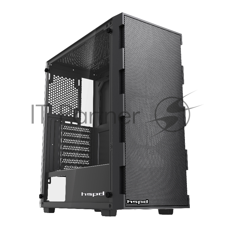 Корпус HSPD M550, Mesh Mid Tower, Black, TG, 0.45 SPCC, no fans ATX, mATX, mITX 160/340/200mm 2x2.5, 2x3.5, 7xPCI 1xUSB-A 3.0, 2xUSB-A 2.0 395x195x450mm