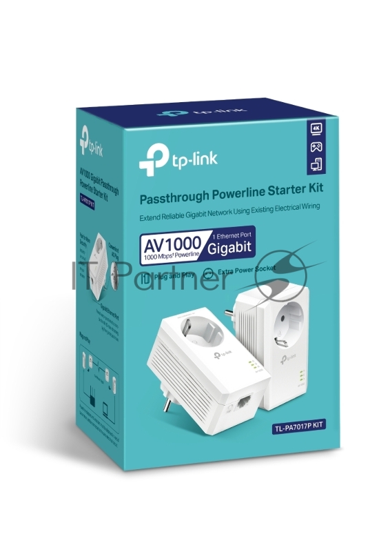 Сетевой адаптер TP-Link AV1000 Gigabit Passthrough Powerline Starter KitSPEED: 1000 Mbps PowerlineSPEC: Broadcom CPU, HomePlug AV2, 1+1 Gigabit PortFEATURE: Plug and Play, tpPLC Utility, Pair for More Security, Extra Power SocketKIT: 2× TL-PA7017P