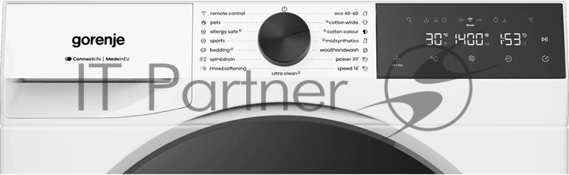 Стиральная машина Gorenje WG4S84B1, отдельностоящая, ВхШхГ 850х600х460 мм, загрузка 8 кг, 15 программ, 1400 об/мин, поворотное/сенсорное управление, цифровой дисплей, пар, дозагрузка белья, мотор Inverter Power Drive, Wi-Fi, цвет белый